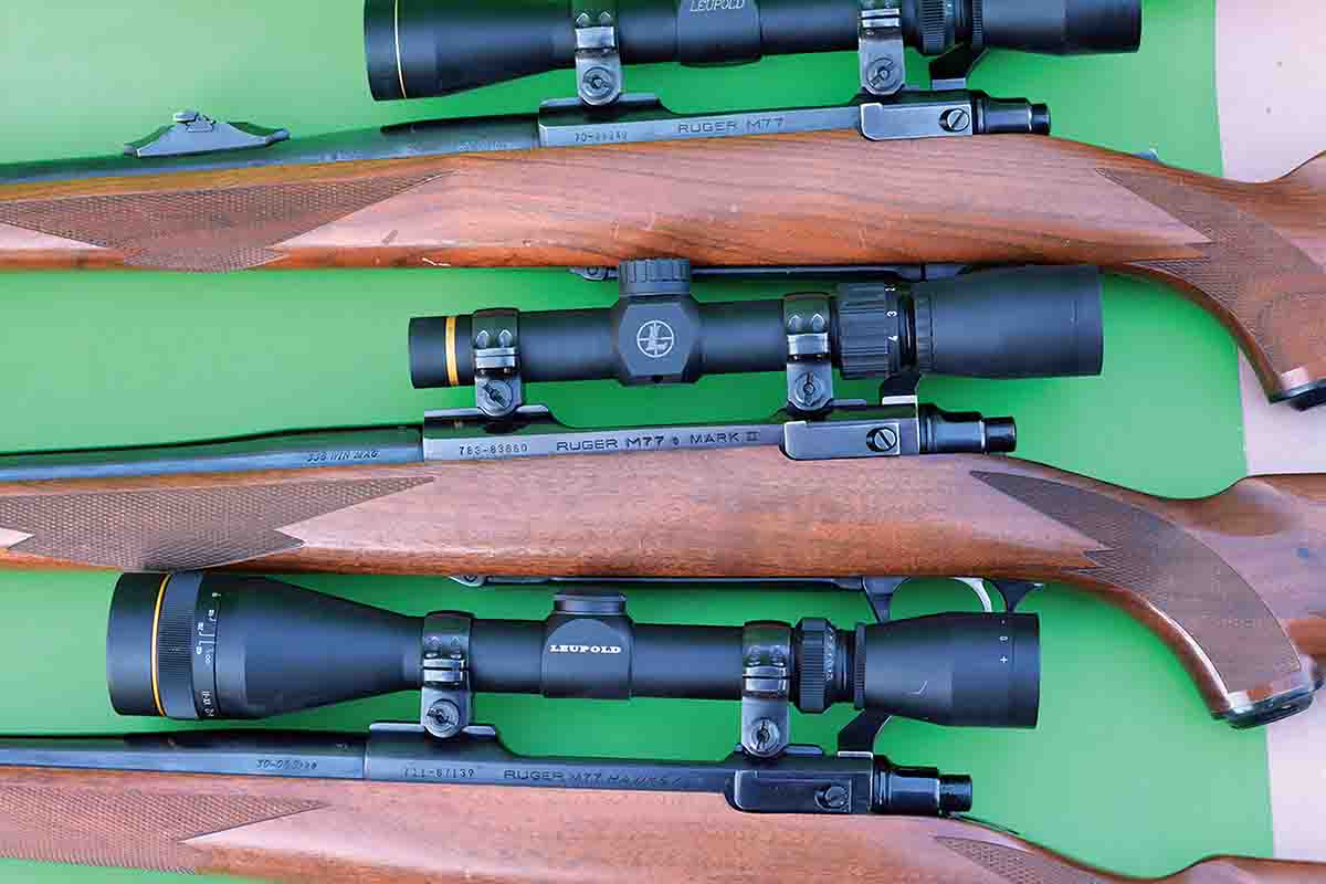 There are currently three generations of Ruger M77 rifles than span 55 years, with each generation being an improvement. Receiver markings include (top to bottom): the original Ruger M77, Ruger M77 Mark II and Ruger M77 Hawkeye.